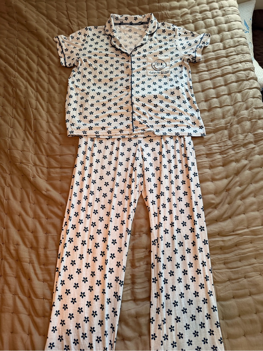 Life Is Good Light Gray and Navy Floral Pajama Set
